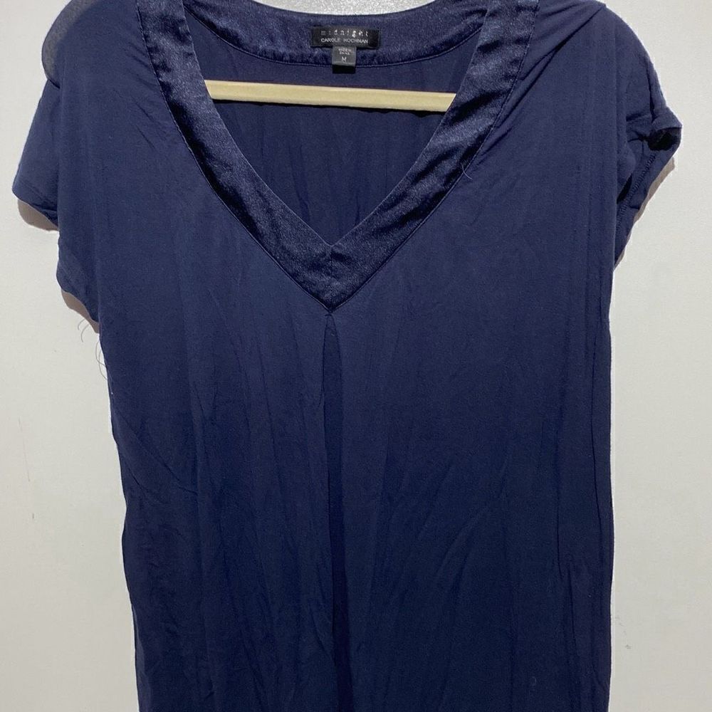 Midnight by Carole Hochman Women's Satin VNeck Cap Sleeve Blouse Navy Blue Large